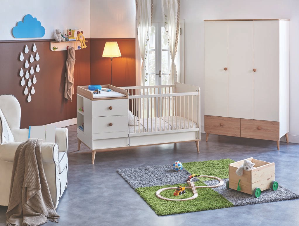 Modern baby room with new style furniture, bed and cabinet wooden